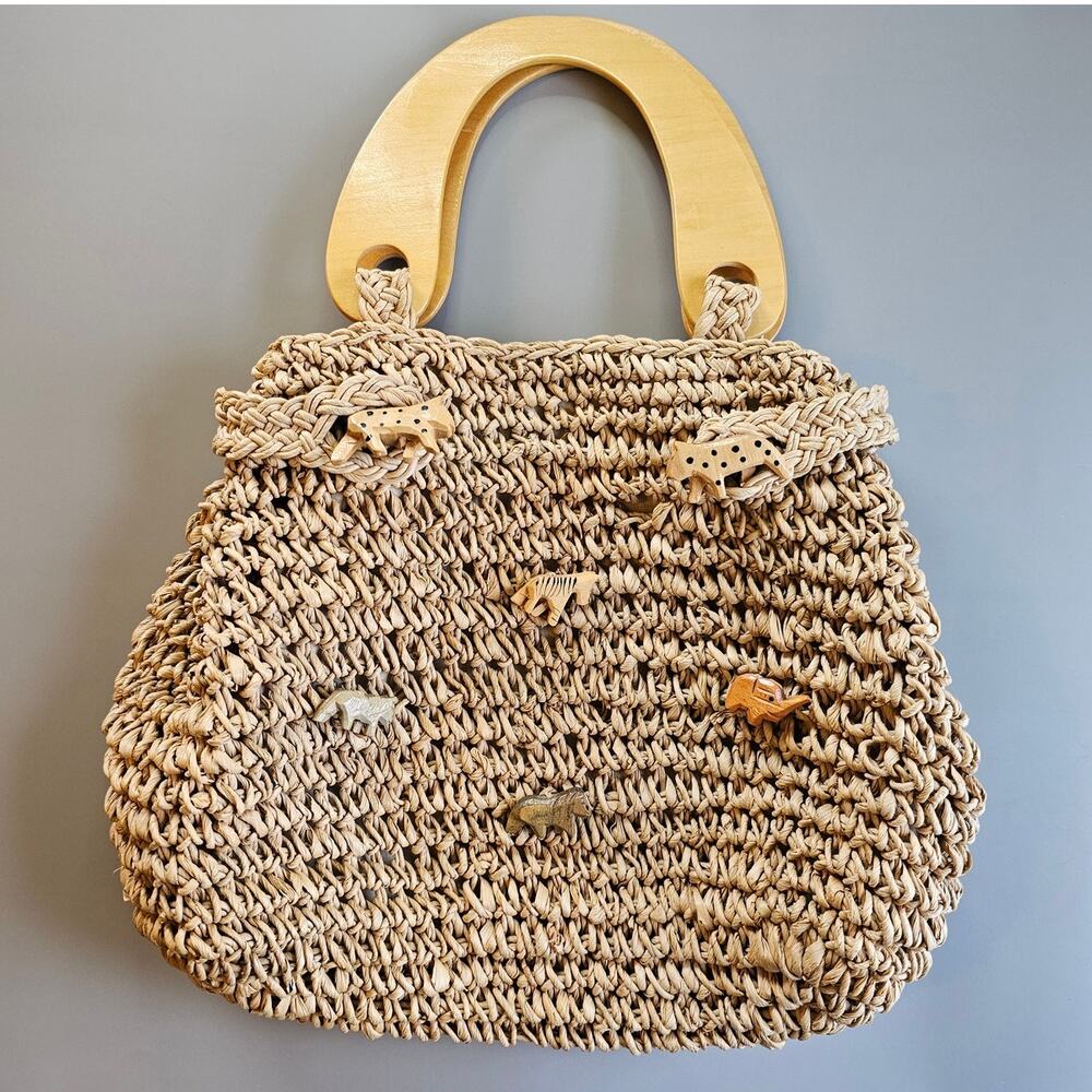 Vintage Woven Straw Safari Animal Wood Handle Boho Handbag